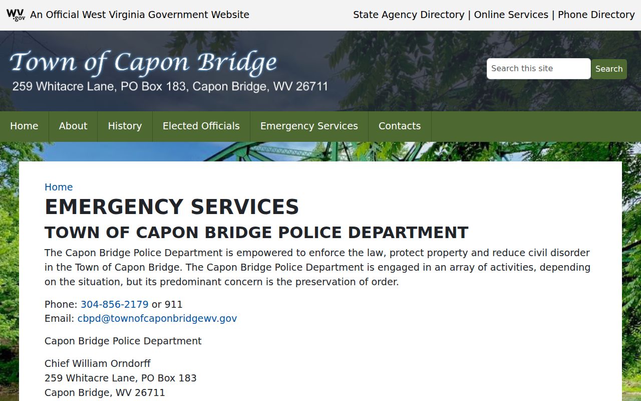 Capon Bridge emergency services page identifying the Capon Bridge Police Department