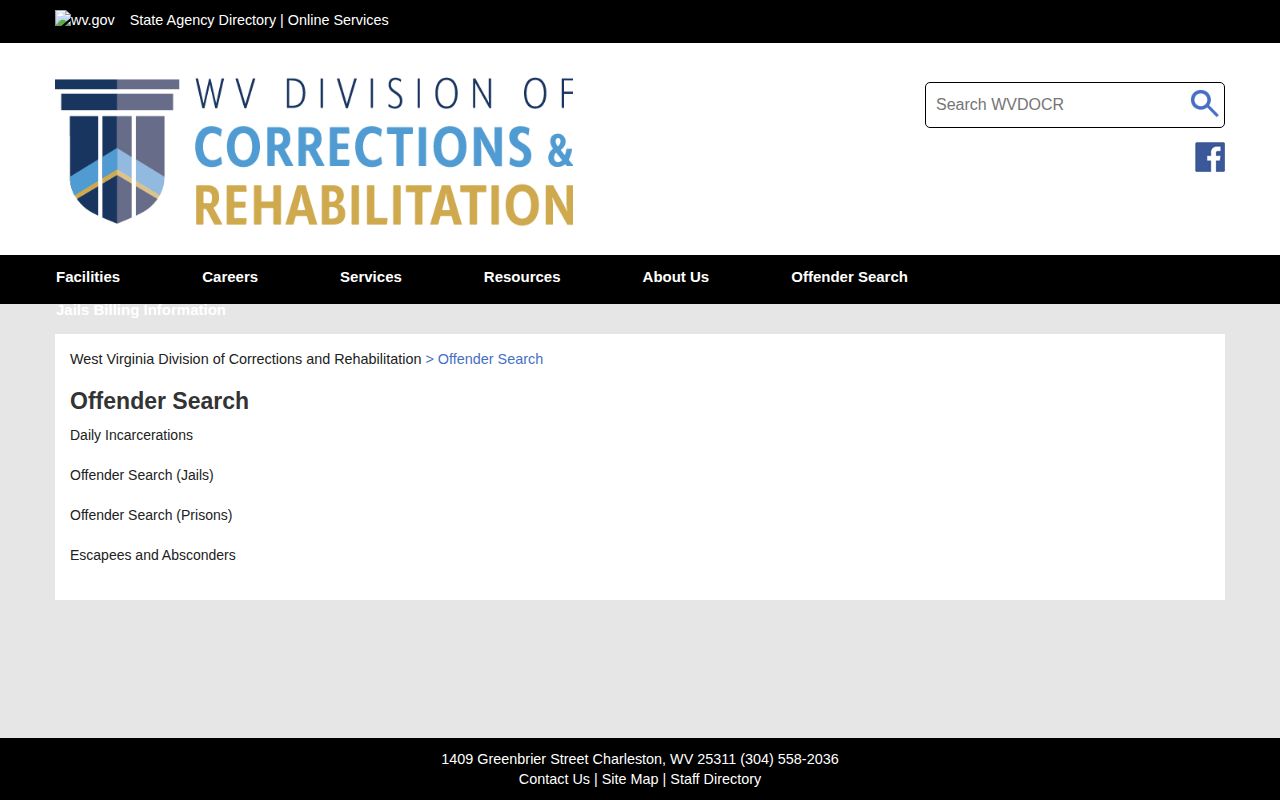 West Virginia Division of Corrections and Rehabilitation offender search landing page